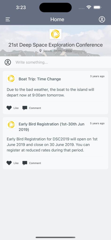 Ex Ordo - Home screen of the Ex Ordo app showing a news feed for a research conference with event updates and announcements.