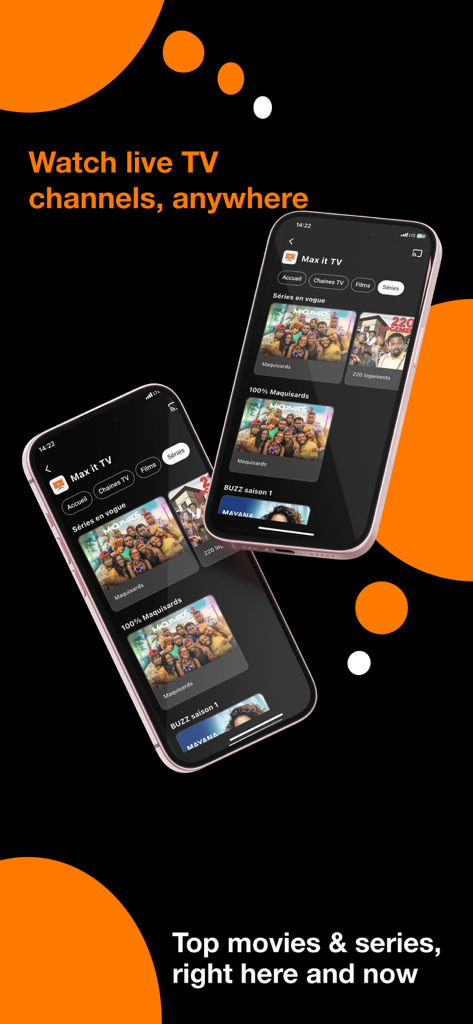 Orange Max it - Cameroon - Orange Max it Cameroon app showing live TV channels and video on demand movies and series