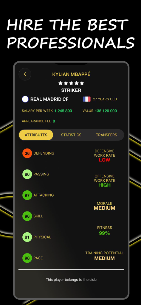 Be the Manager 2026: Soccer - Pantalla de perfil de jugador para Kylian Mbappé en Be the Manager 2026 mostrando atributos de fútbol y valor de mercado.