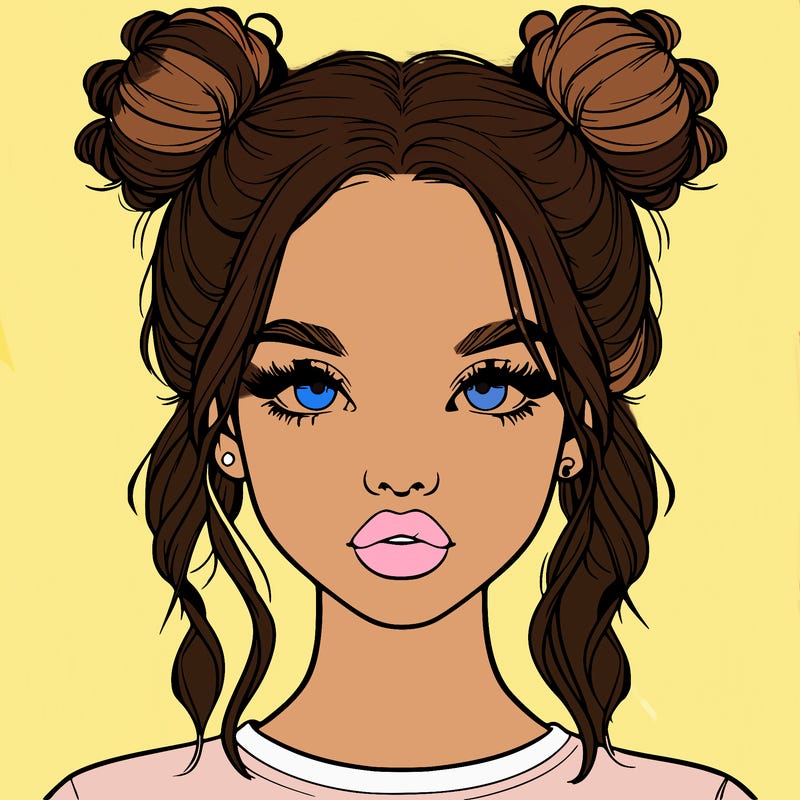 realistic girl with two buns in hair and lips