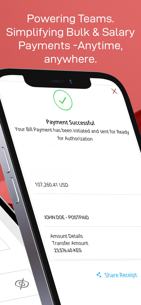 Equity Online for Business - Equity Online for Business mobile app showing a payment successful screen for a bulk or salary transfer with USD and KES currency details.
