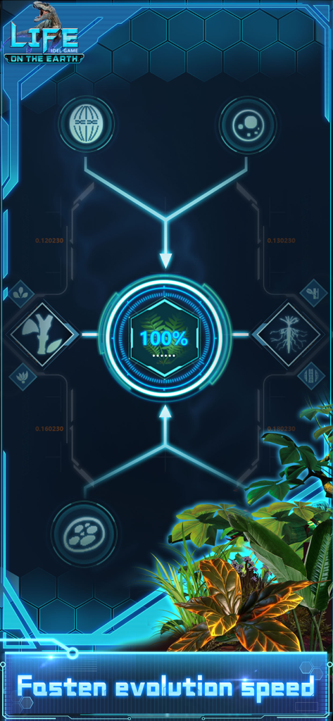 Gameplay screen of Idle evolution Life on Earth showing the evolution speed interface with a futuristic blue UI