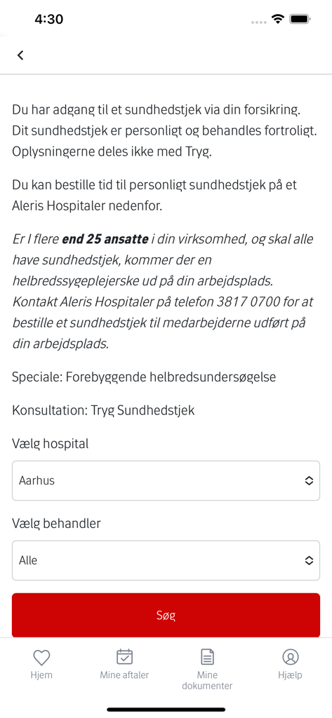 Tryg Lægehotline - Booking screen for a health check in the Tryg Laegehotline app showing hospital and practitioner selection.