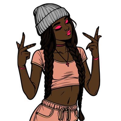 realistic teenage girl with braids and a beanie and crop top doing 🫶🏼