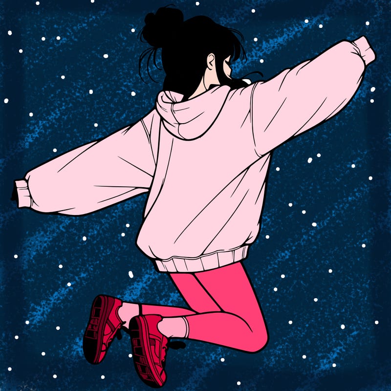 realistic girl jumping with a bun and oversized sweatshirt