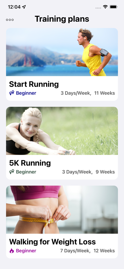 App screen showing beginner training plans for running and walking weight loss
