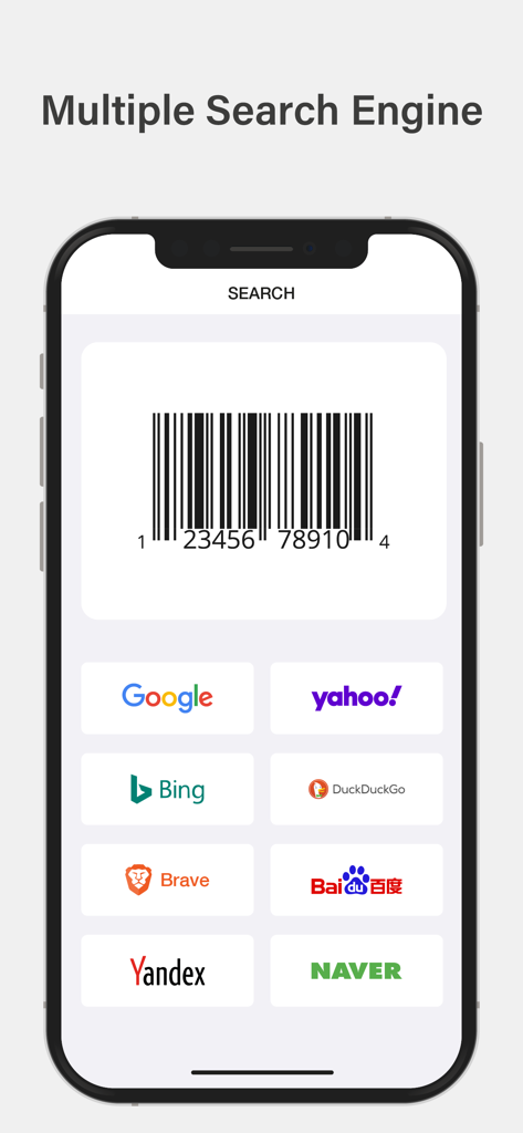 Barcode Scanner & Shopping - Ein Smartphone-Bildschirm, der einen Barcode und Optionen zum Suchen mit verschiedenen Suchmaschinen wie Google, Yahoo und Bing zeigt