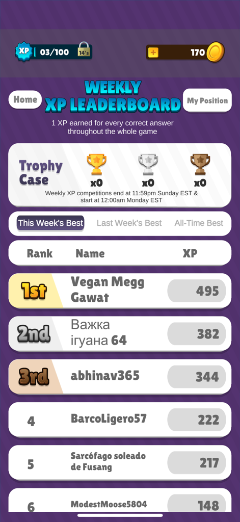 Quick Math Daily - Screenshot of the Weekly XP Leaderboard in the Quick Math Daily app showing player rankings and the trophy case.