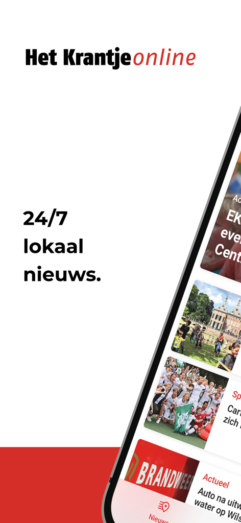 Interface of the Het Krantje mobile app featuring 24/7 local news from Leidschendam, Voorburg, and Stompwijk.