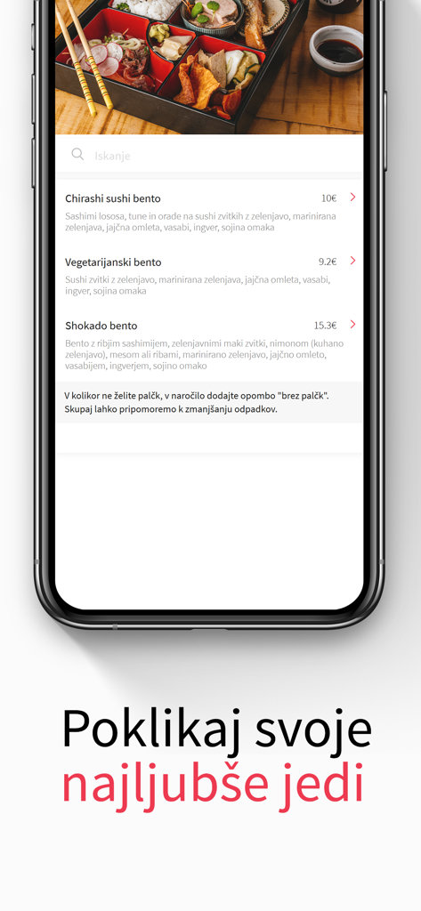 Écran de smartphone affichant le menu de l'application ehrana avec diverses options de bento à livrer