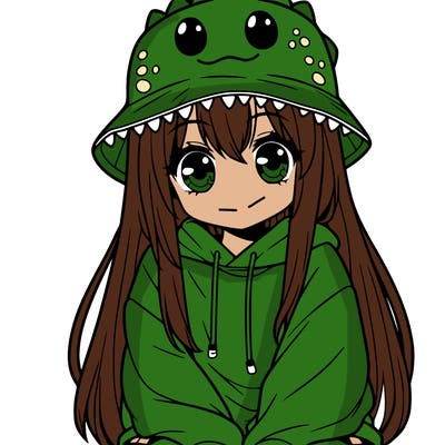 girl with anime shaped eyes with a dinosaur bucket hat oversized sweatshirt long straight hair