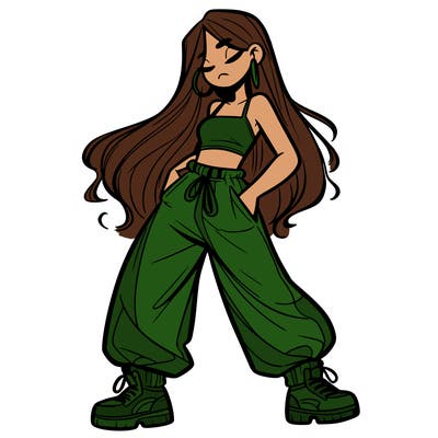 girl in baggy pants crop top and long hair