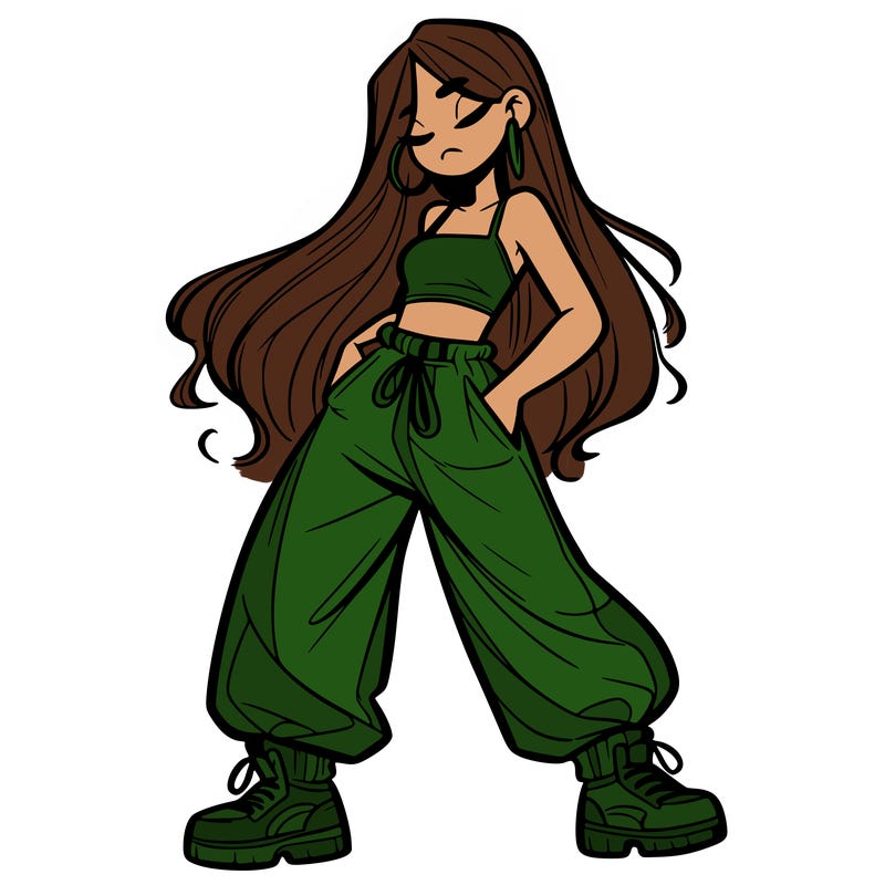 girl in baggy pants crop top and long hair