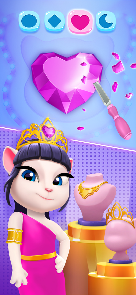 Talking Angela carving a heart shaped pink gemstone in a jewelry making mini game