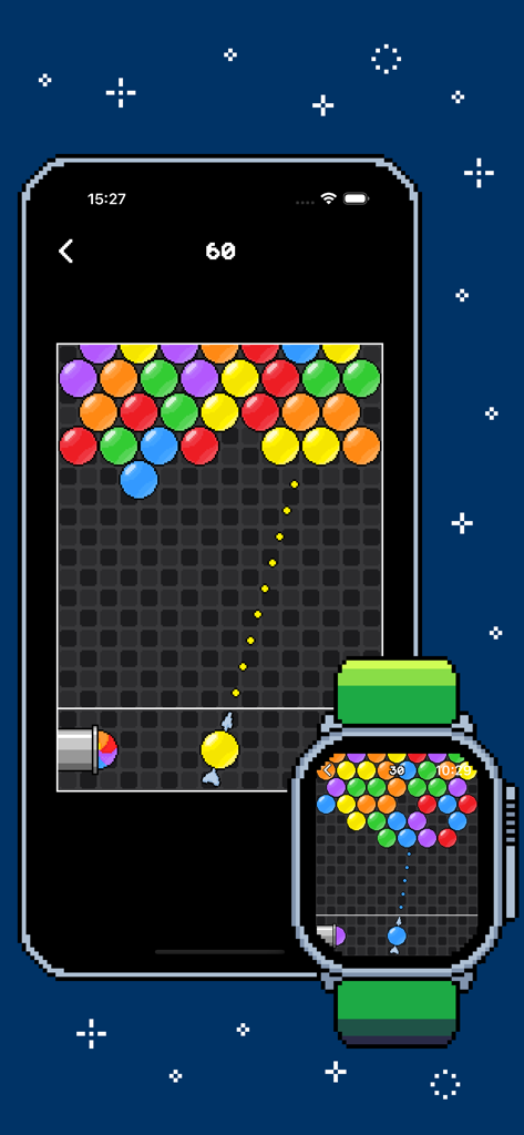 Jogo retrô de tiro de bolhas Arcadia exibido em telas de iPhone e Apple Watch Ultra