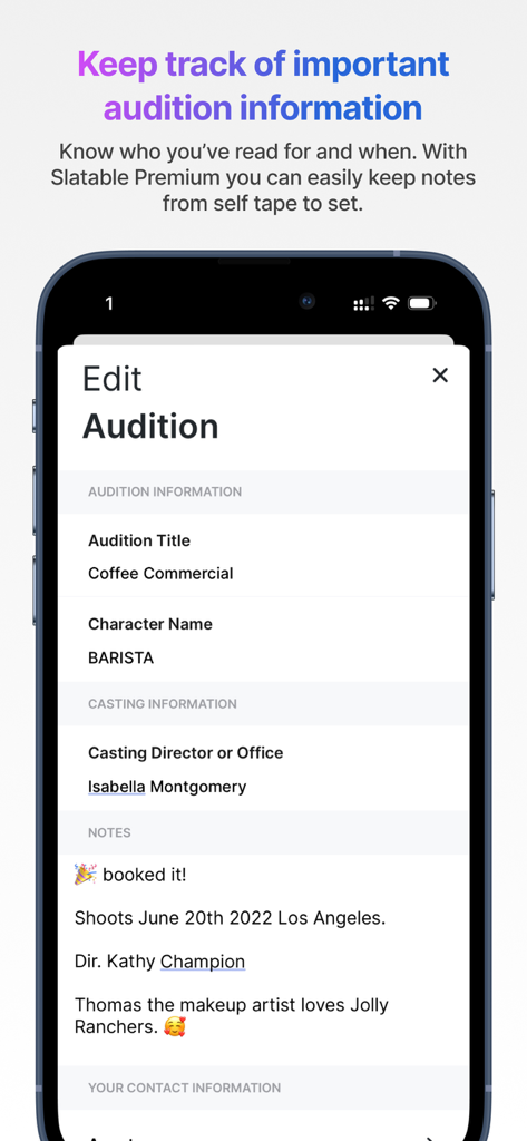 Slatable - Self Tape Yourself - Slatable app interface showing audition tracking and management features for actors