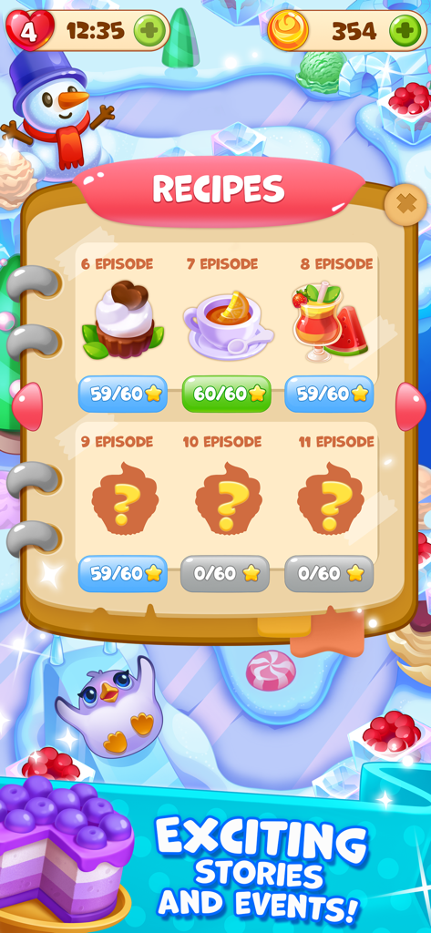 Candy Valley recipe book showing unlocked dessert episodes and progress stars