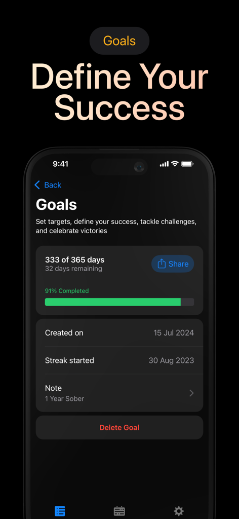 Days Since: Quit Habit Tracker - Una pantalla de objetivos en la aplicación Days Since que rastrea el progreso hacia un hito de sobriedad de un año.