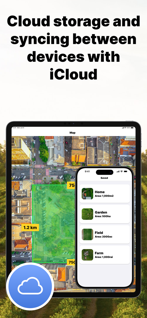Field Area Measure app syncing data between iPhone and iPad using iCloud