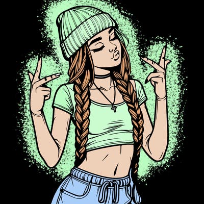 realistic teenage girl with braids and a beanie and crop top doing 🫶🏼