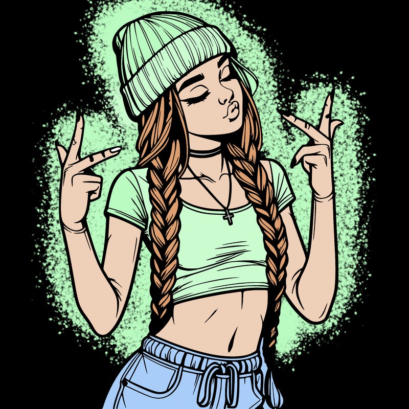 realistic teenage girl with braids and a beanie and crop top doing 🫶🏼