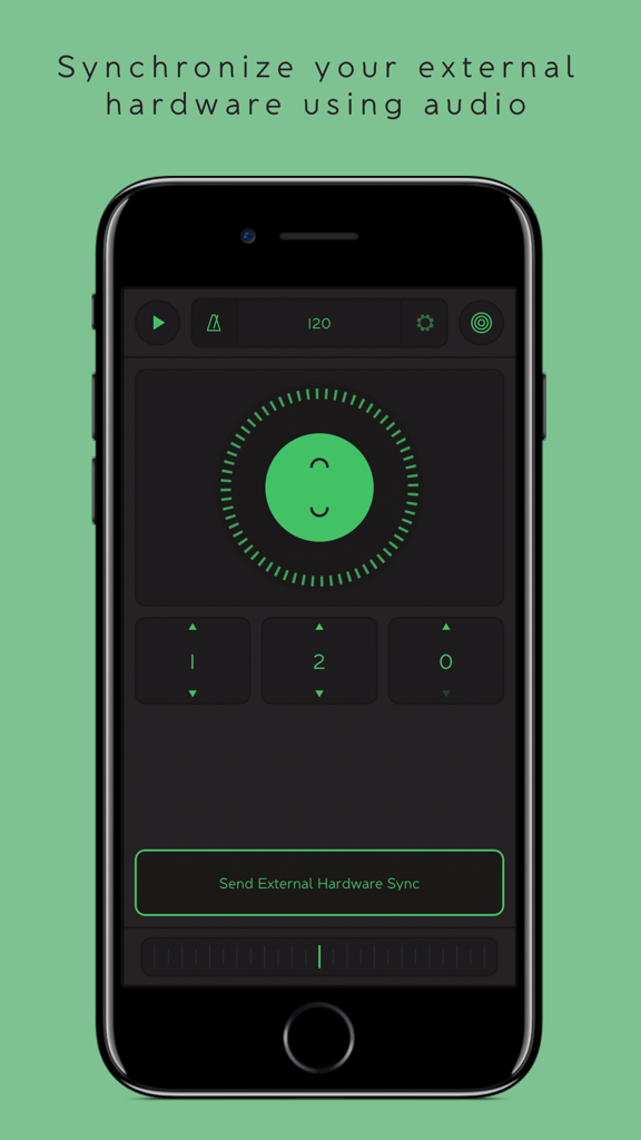 Interfaz de la aplicación STEPS mostrando la configuración para sincronizar hardware externo a través de señales de audio.