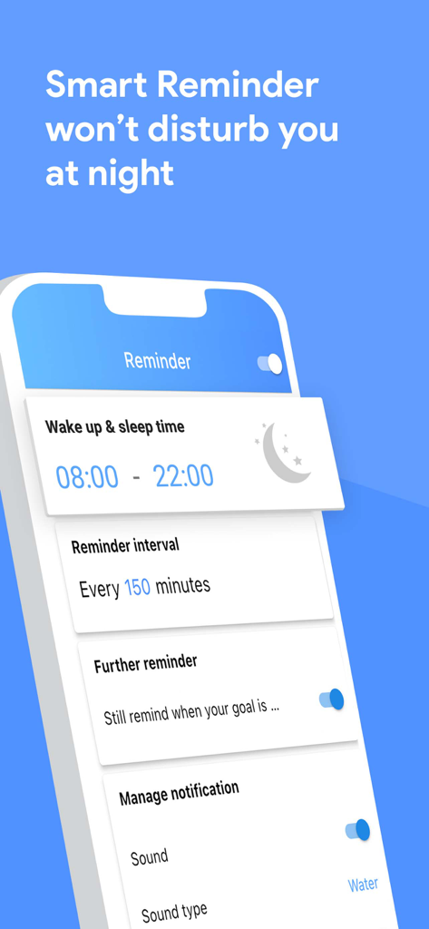Drink Water Reminder + Tracker - Interfaz de la aplicación de rastreo de agua mostrando la configuración de recordatorios inteligentes, incluyendo horarios de despertar y dormir