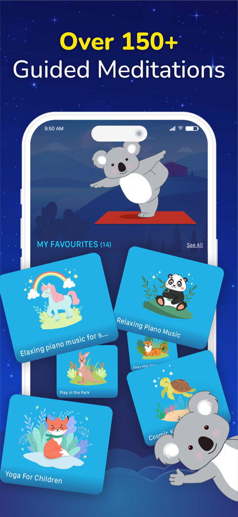Meditation for Kids Sleep - Mobile app screen showing over 150 guided meditations for children with cute animal characters.