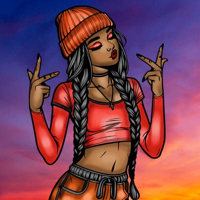 realistic teenage girl with braids and a beanie and crop top doing 🫶🏼