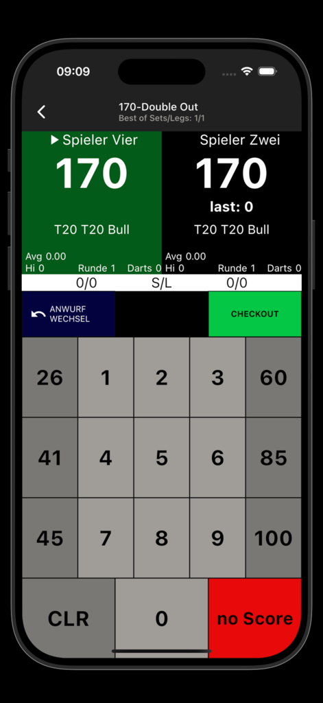My Dart Training - Digital dart scoreboard for a 170 Double Out game with player scores and checkout suggestions