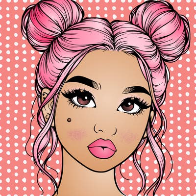 realistic girl with two buns on her hair and lips