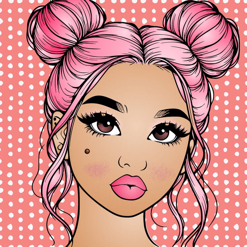 realistic girl with two buns on her hair and lips