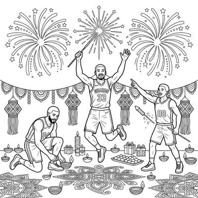 Dive into the festive spirit with this unique coloring page featuring NBA Shooting Guards celebrating Diwali. Enjoy bringing to life the vibrant fireworks, glowing diyas, and intricate rangoli patterns in this exciting scene.