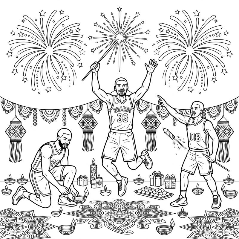 Dive into the festive spirit with this unique coloring page featuring NBA Shooting Guards celebrating Diwali. Enjoy bringing to life the vibrant fireworks, glowing diyas, and intricate rangoli patterns in this exciting scene.