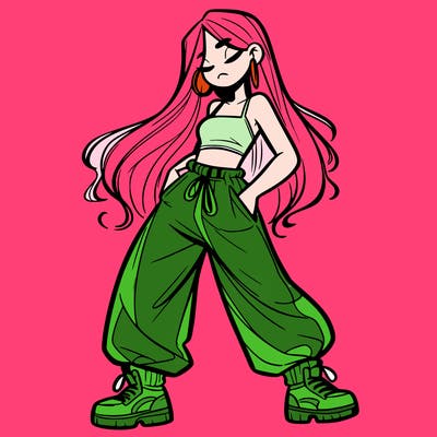 girl in baggy pants crop top and long hair