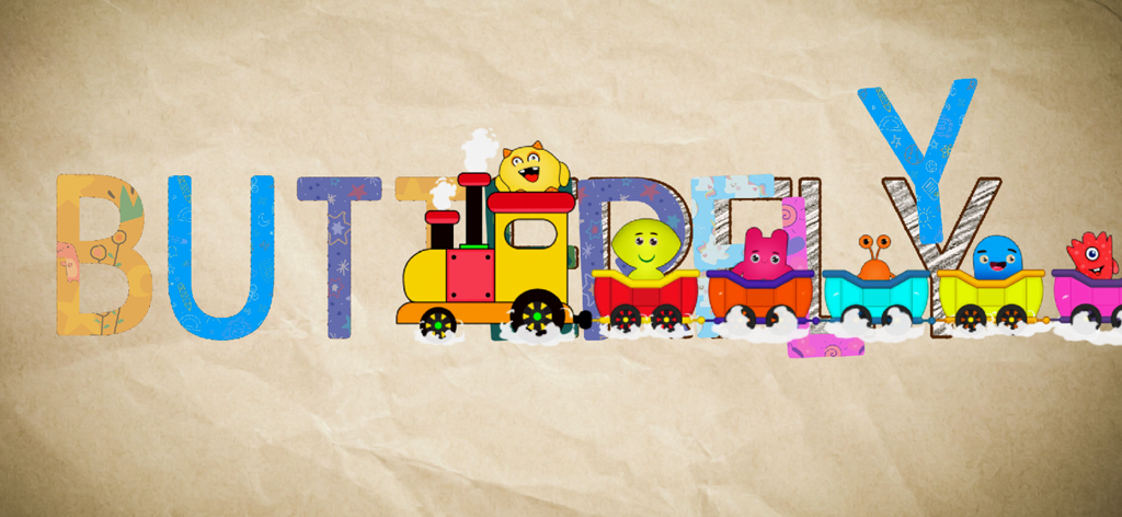 Endless Alphabet ABC App Kids - Interactive spelling game for kids showing the word butterfly and a cartoon monster train