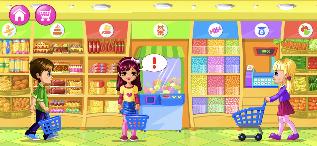 Supermarket Game - Shopping - 다채로운 식료품점 환경에서 바구니와 카트를 들고 쇼핑하는 애니메이션 어린이들.