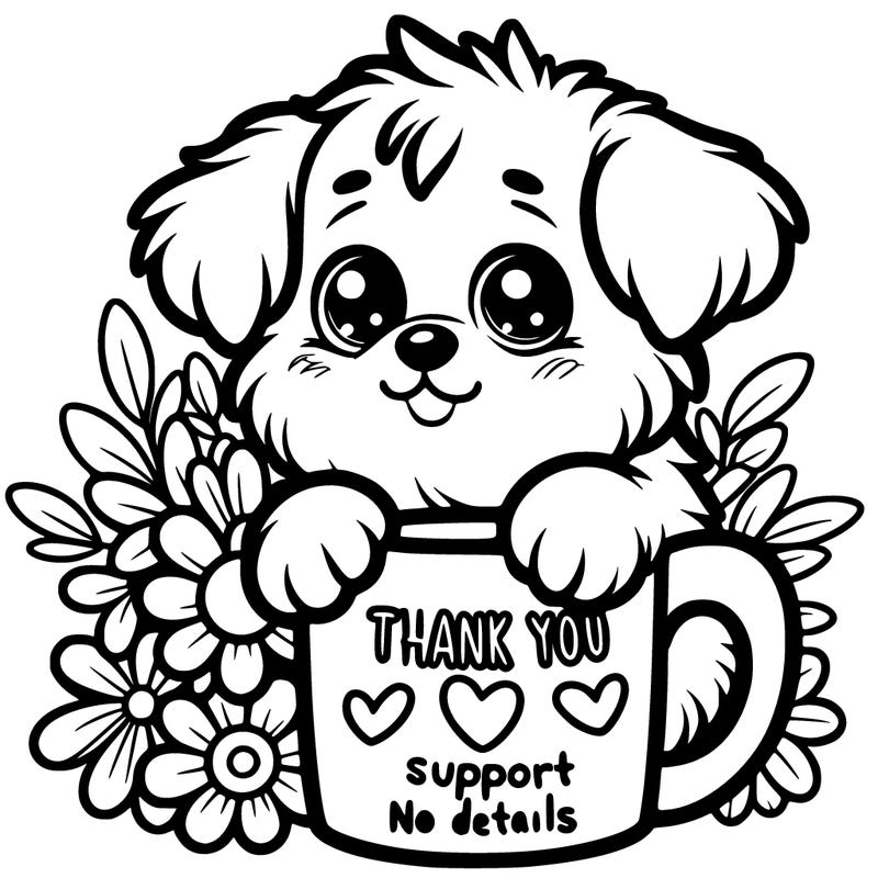 a really cute puppy holding a thank you for support mug with flowers everywhere