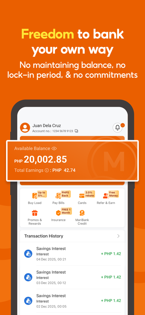 Dashboard of the MariBank PH app showing an available balance and daily savings interest earnings in the transaction history.