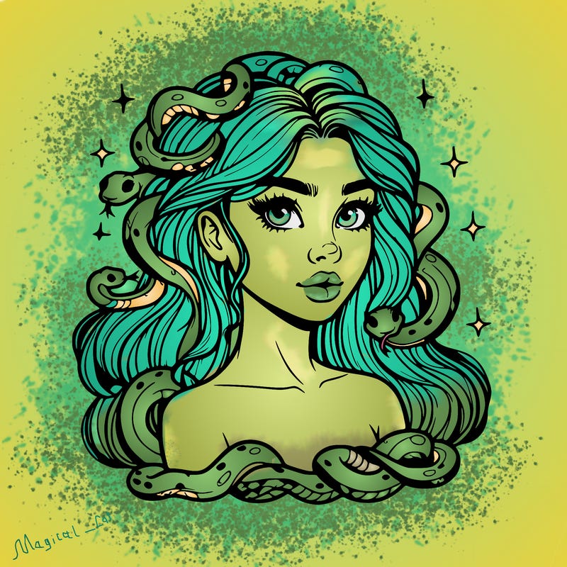 realistic girl with snakes as hair