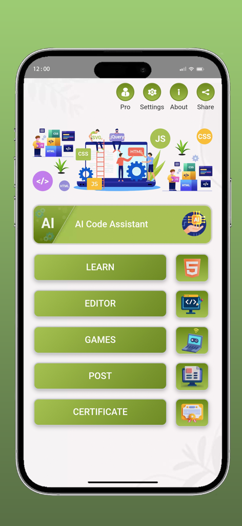 HTML Code Play - Main menu of the HTML Code Play app featuring an AI assistant, code editor, and web development learning modules.