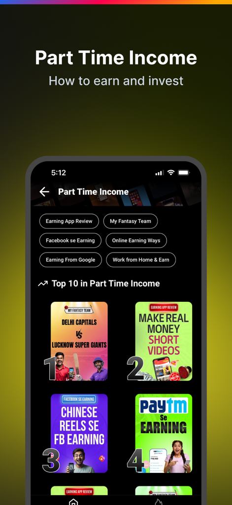 Mobile screen showing the Part Time Income section of the Seekho app with various video learning categories like online earning and work from home.