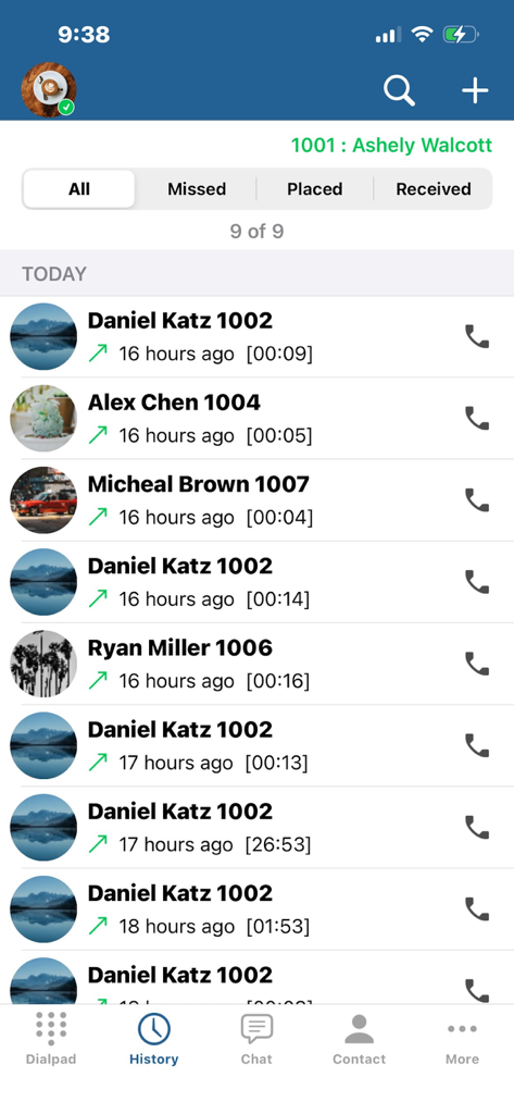 Pantalla del historial de llamadas de la aplicación FortiFone que muestra una lista de llamadas de negocios recientes y sus duraciones