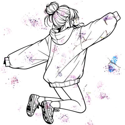 realistic girl jumping with a bun and oversized sweatshirt