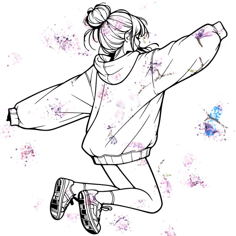 realistic girl jumping with a bun and oversized sweatshirt