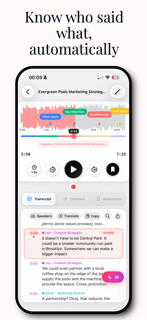 Transcription AI : Voice Notes - Interface of Transcription AI showing automatic speaker identification and smart chapters in an audio recording