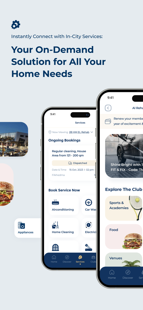 Interfaz de la aplicación TMG Life para reservar mantenimiento del hogar y explorar servicios de clubes comunitarios