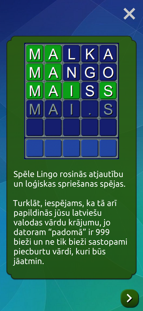 Vecais Labais Lingo - Pantalla de juego del puzzle de palabras Vecais Labais Lingo con texto letón y una cuadrícula de palabras
