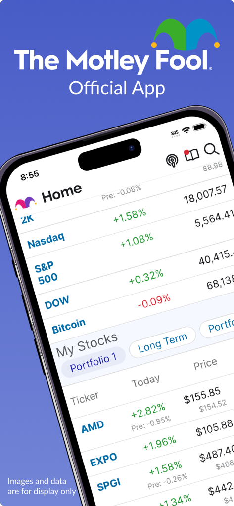 The Motley Fool - The Motley Fool official app home screen with stock market indices and personal portfolio tracking