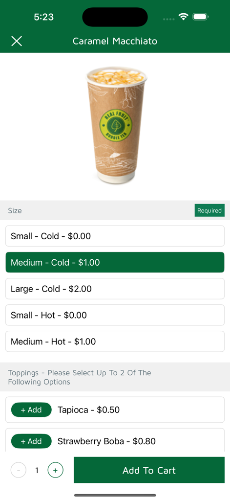 Real Fruit Bubble Tea - Interface de l'application Real Fruit Bubble Tea montrant les options de personnalisation des boissons pour un Caramel Macchiato